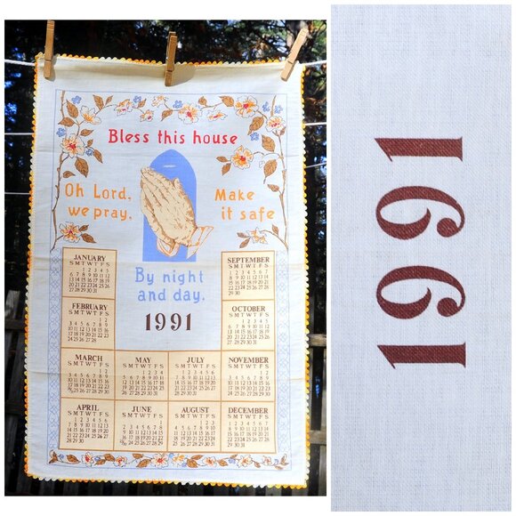 VTG 1991 Calendar Towel Bless this House Prayer & Praying Hands Crochet Edge - Picture 7 of 7